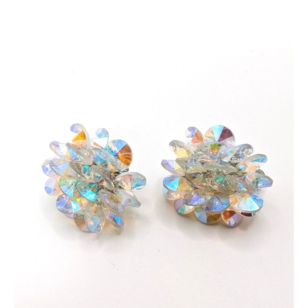 Vintage Vendome AB Crystal Cluster Clip On Earrings Aurora Borealis Signed